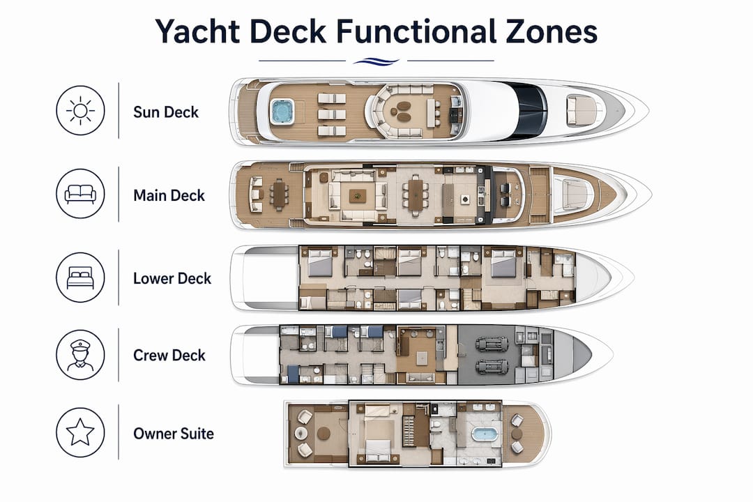 Infographic showing yacht deck functional zones