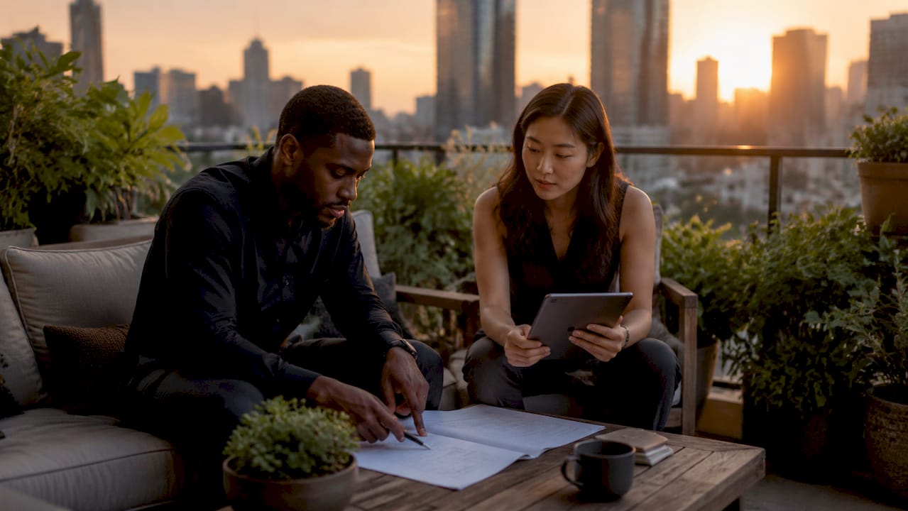 Two professionals discussing pricing models in office