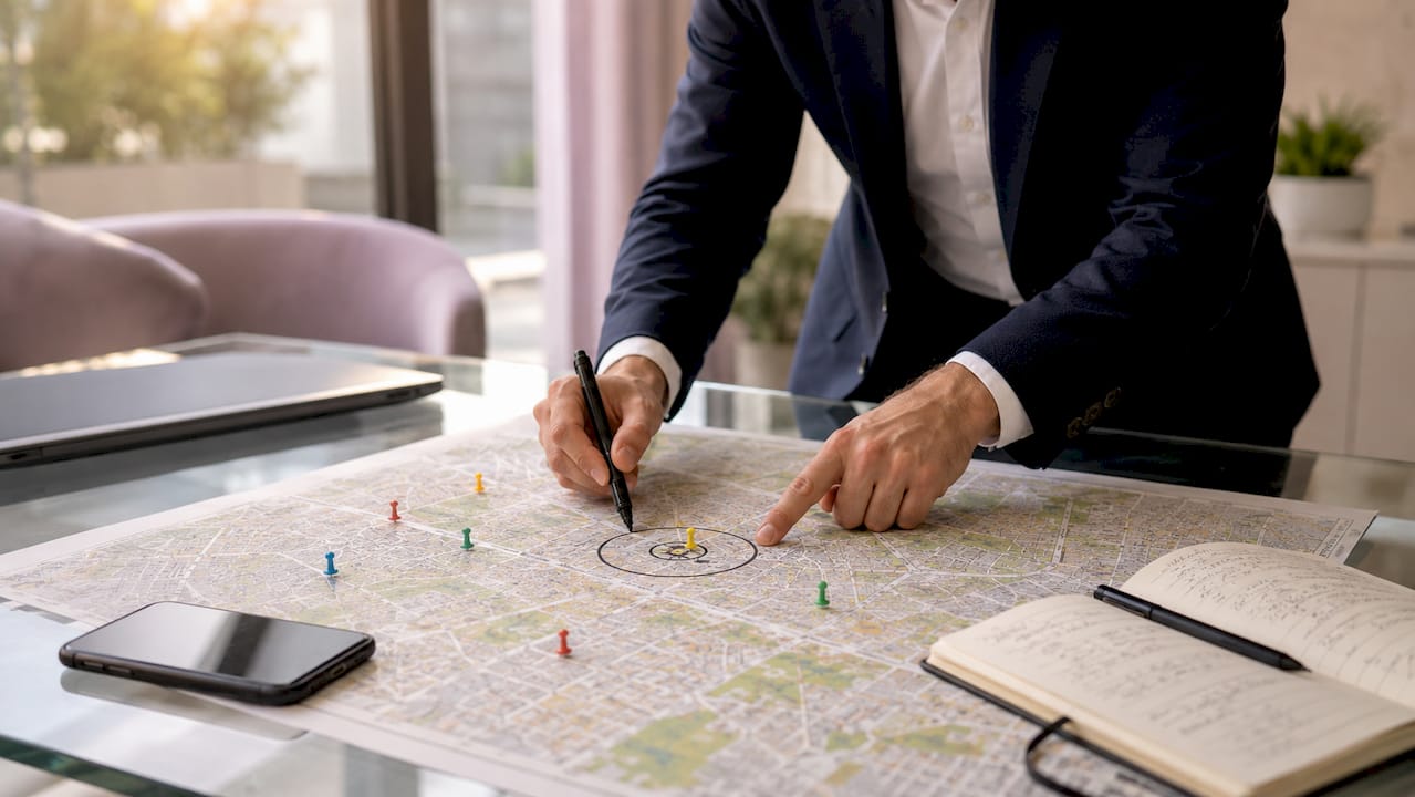 Overhead view of map with circle and push pins