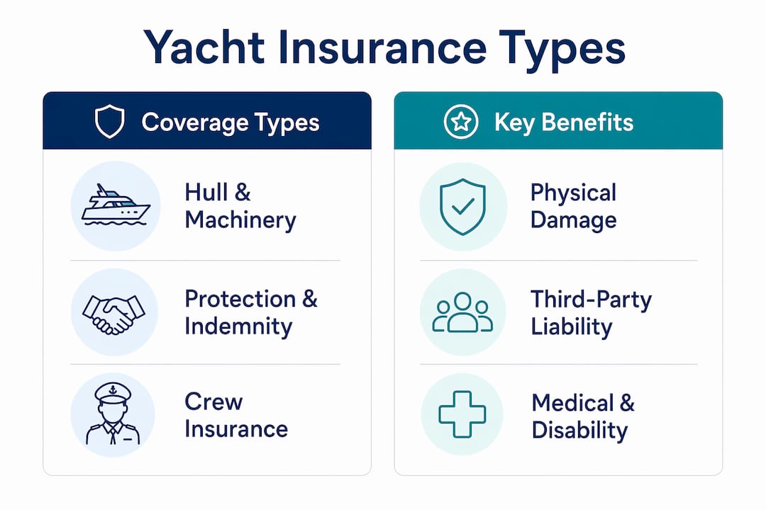 Infographic showing yacht insurance coverage types and benefits