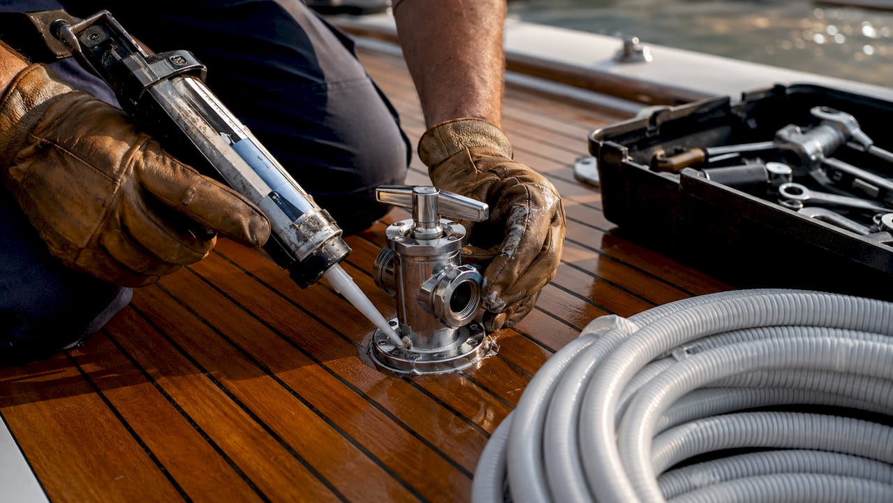 Hands applying sealant to seacock valve assembly