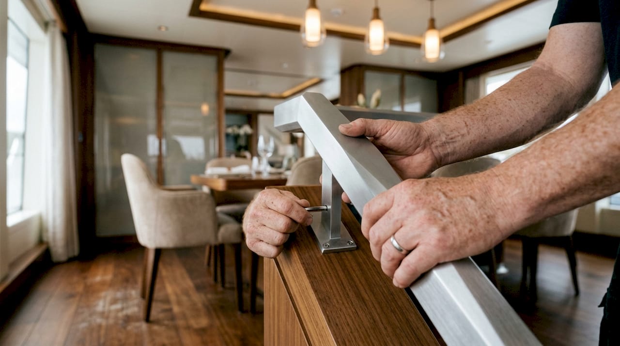 Close-up of hands touching polished yacht handrail