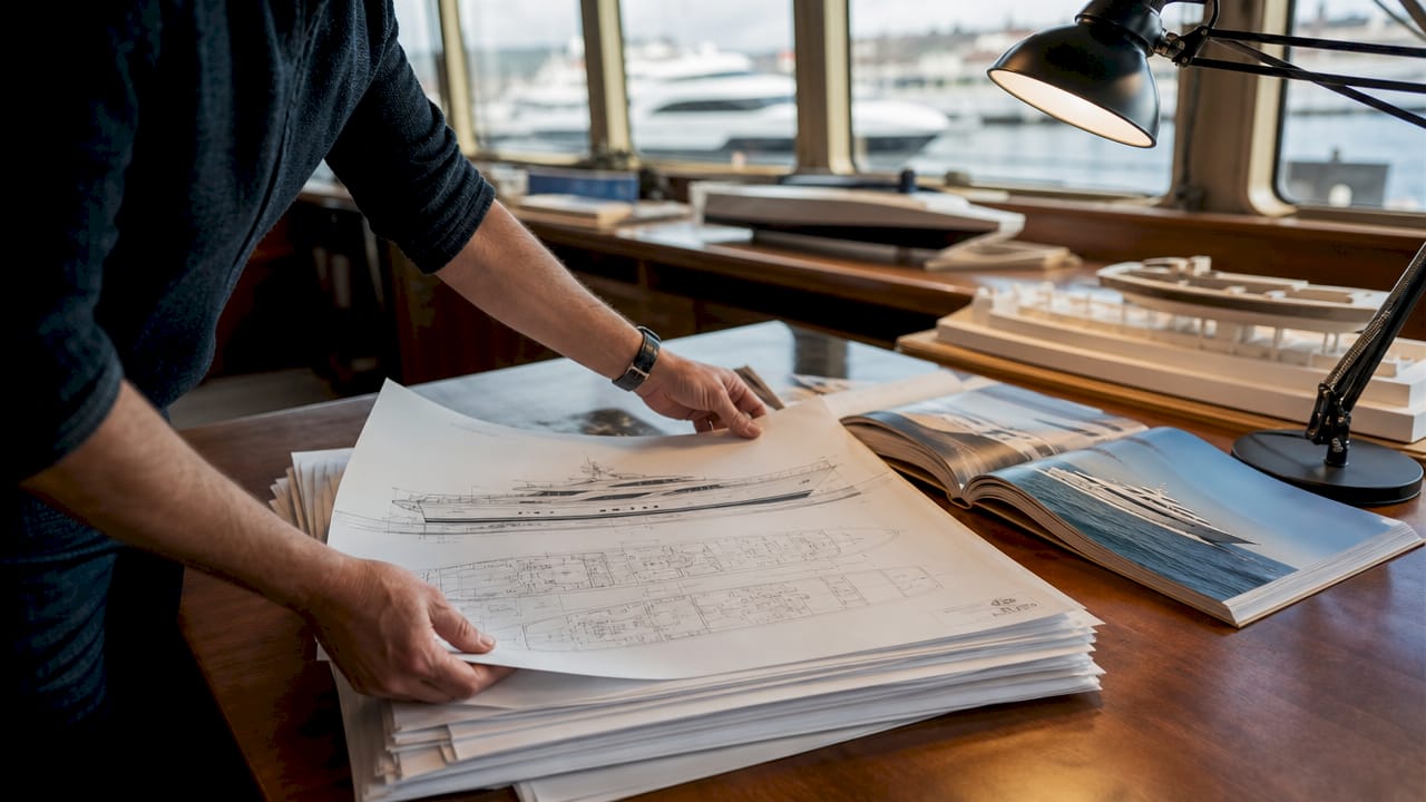 Close-up of yacht design blueprints on drafting table