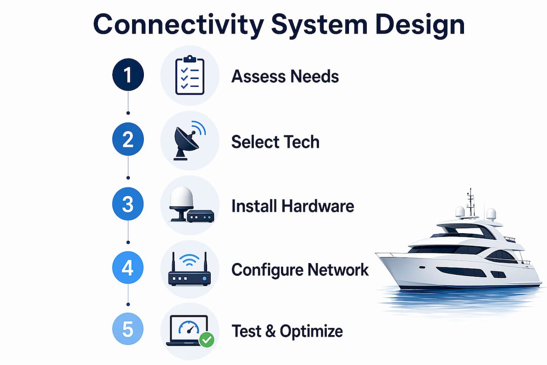 Infographic showing yacht connectivity system design steps