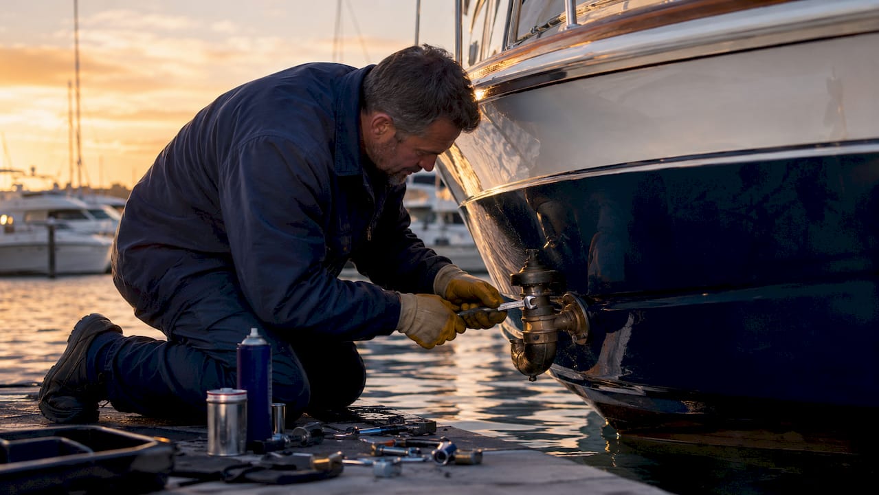 Marine mechanic servicing yacht seacock hose