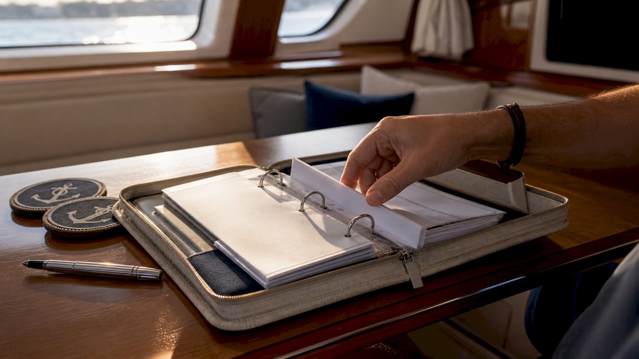 Organizing yacht paperwork in leather portfolio outdoors