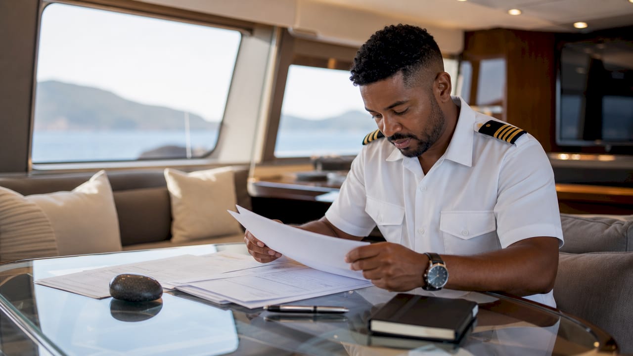 Hands organizing yacht crew certification documents