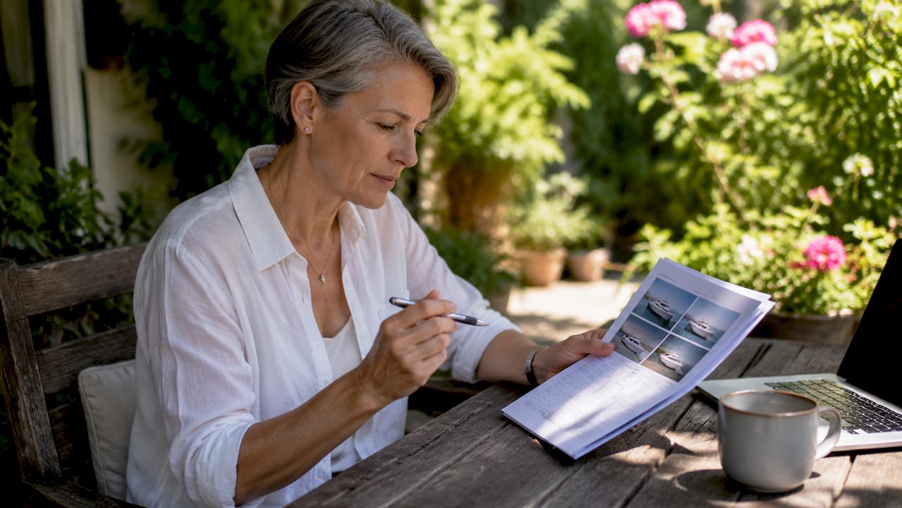 Woman reviewing yacht buyer profile documents