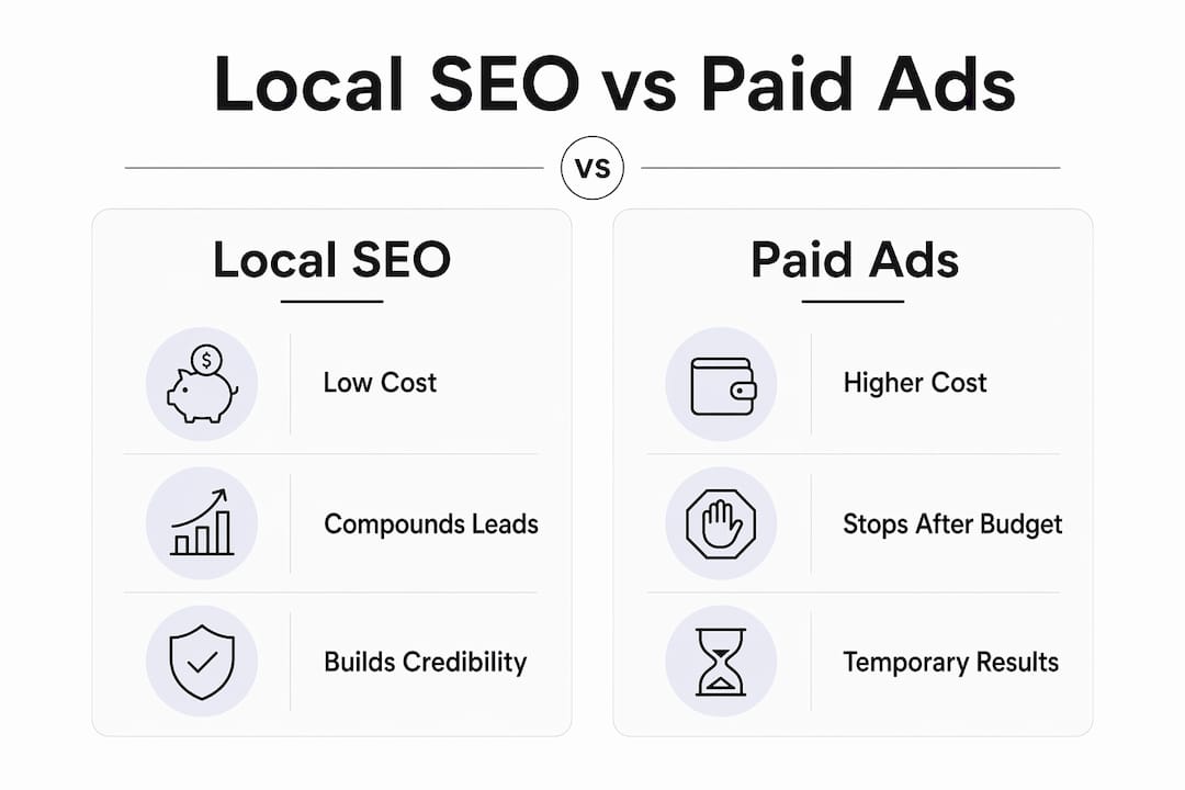 Comparison infographic of local SEO and paid ads benefits and costs