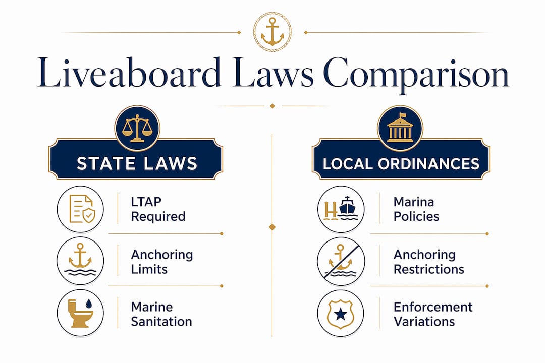 Infographic comparing state laws and local ordinances for liveaboard boats