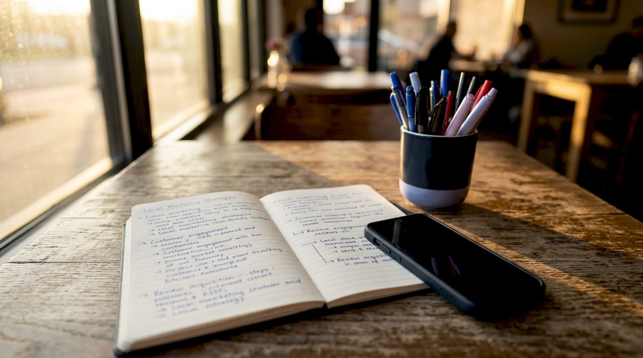 Close-up of desk with notebook and phone planning local marketing