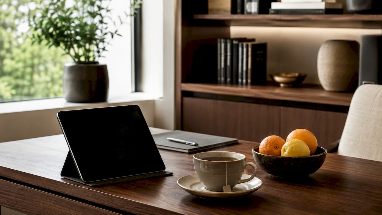 Modern living room with tablet symbolizing client value moment