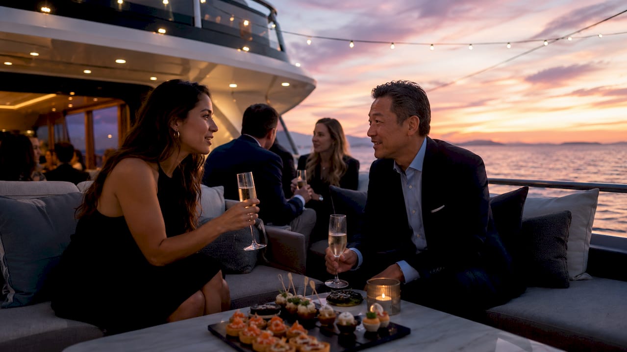 Business professionals mingling inside yacht salon
