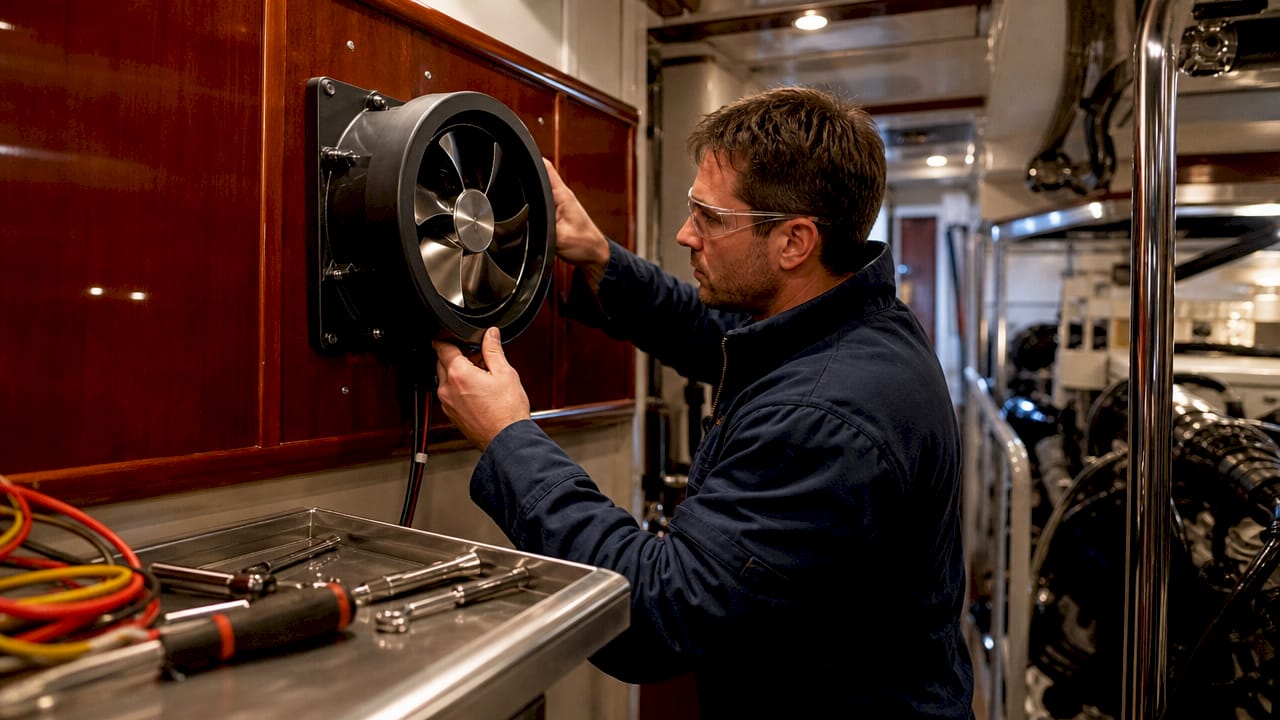 Yacht engine room with active ventilation fan