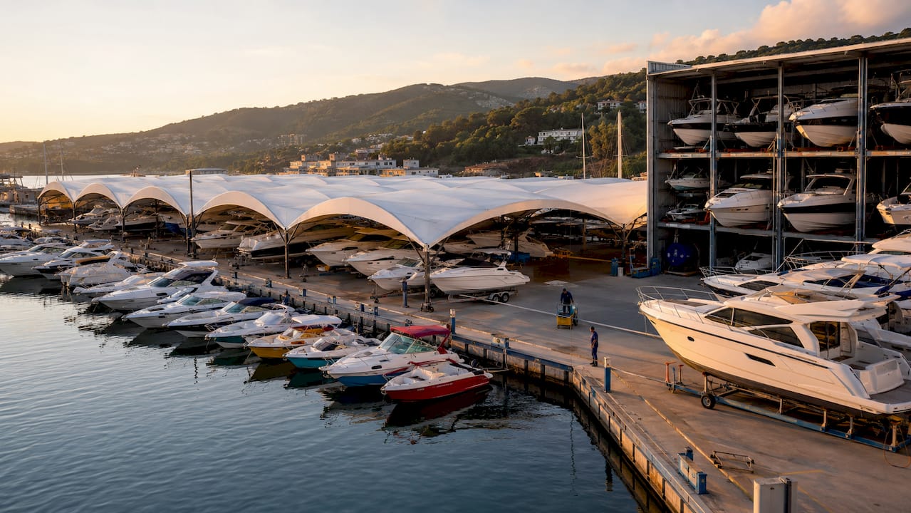 Aerial view of marina with various yacht storage options