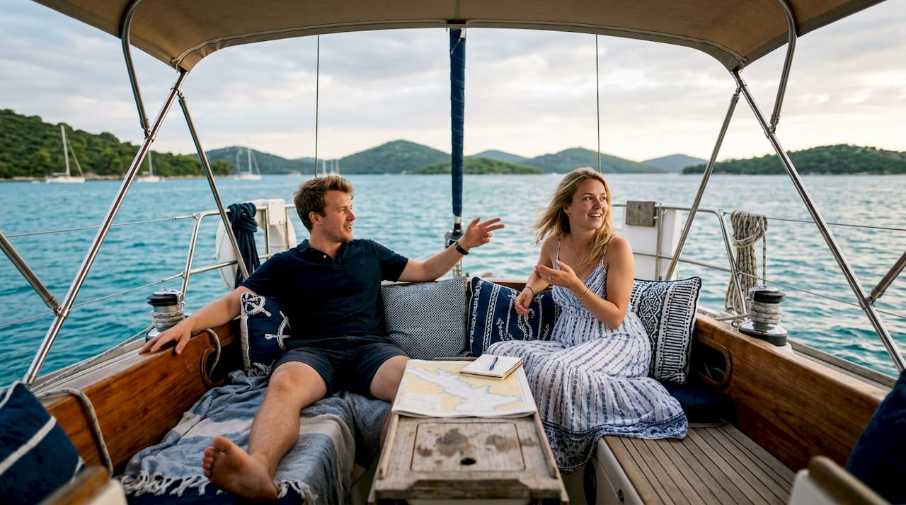 Couple discussing yacht travel plans on deck
