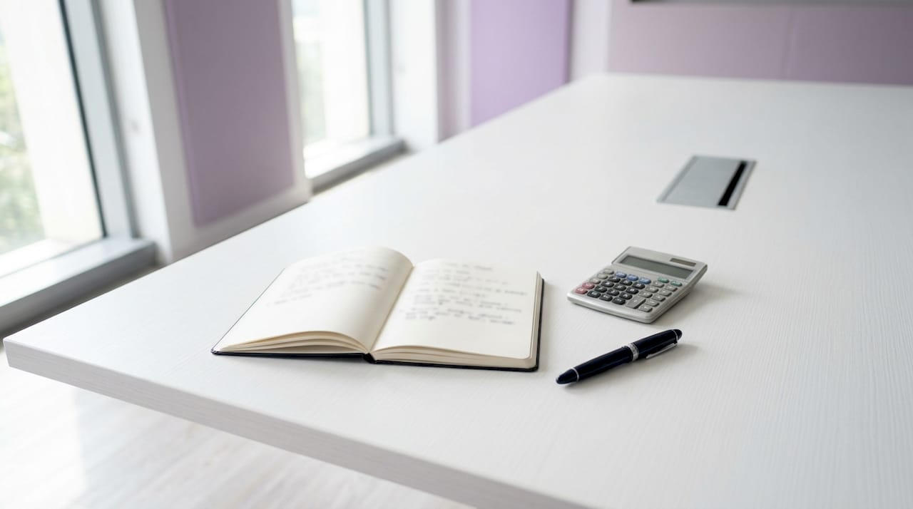 Close-up of executive desk with sales calculation tools