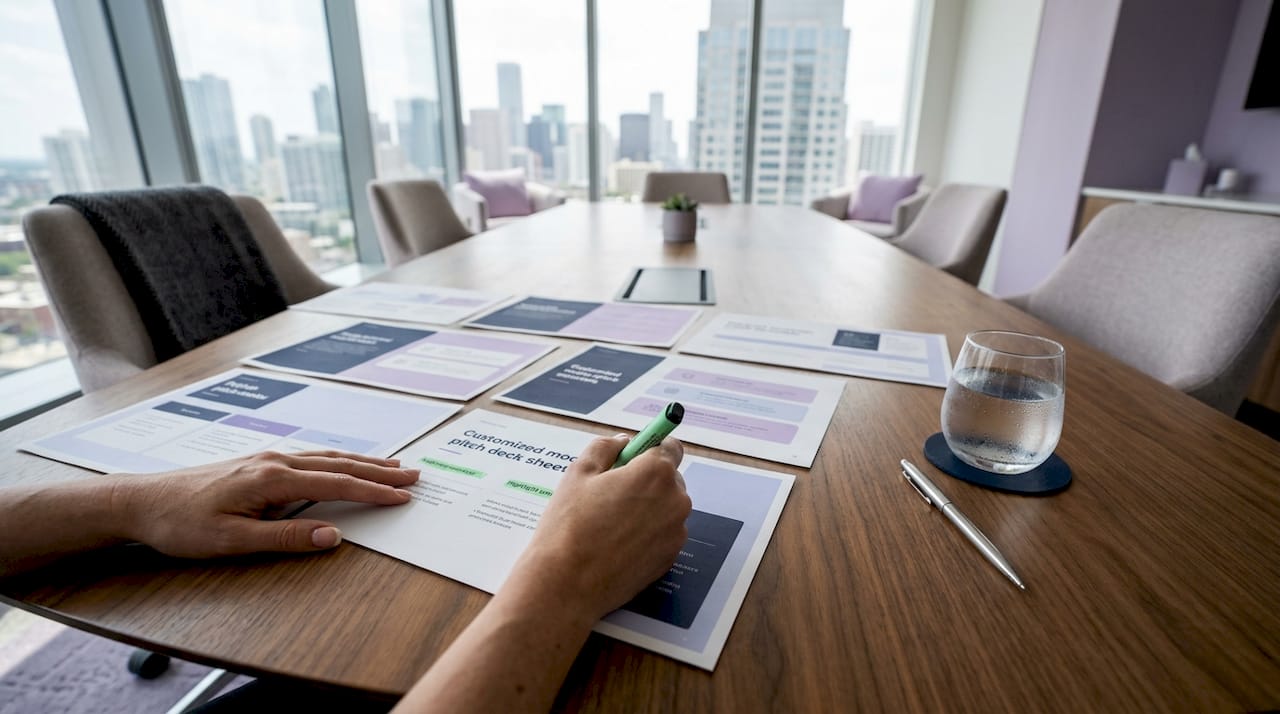 Hands organizing modular pitch deck documents at conference table