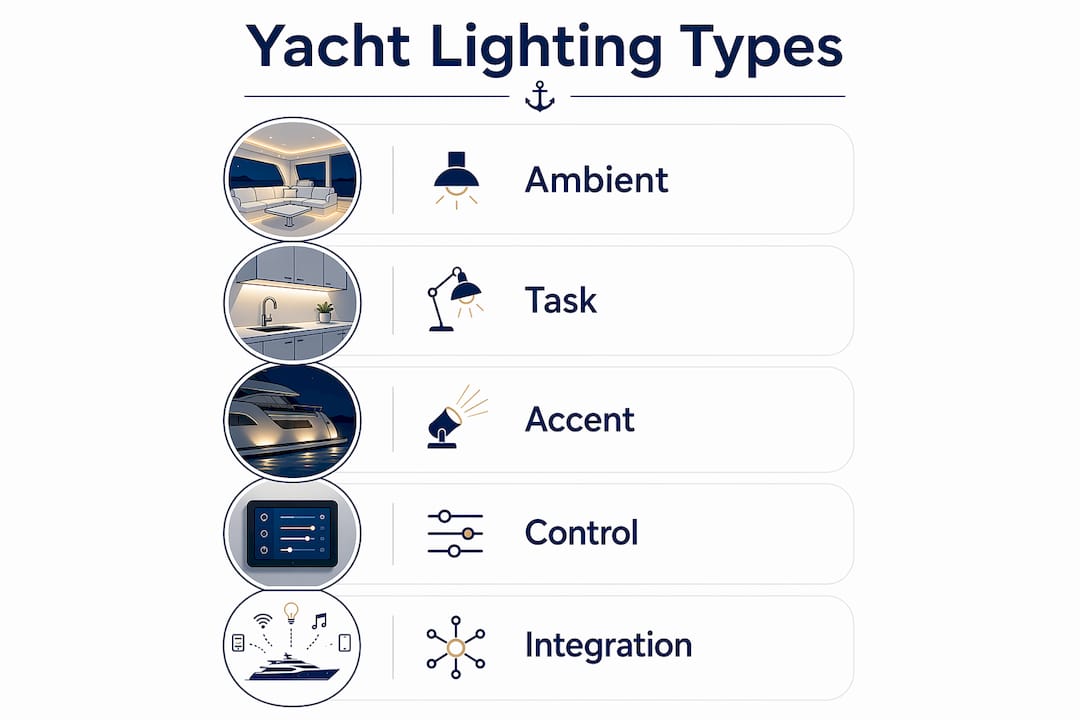 Infographic showing types of yacht lighting in vertical flow