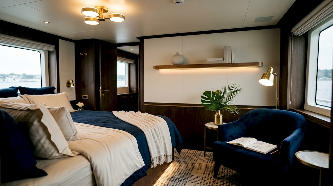 Layered ambient, task, and accent lighting in yacht cabin