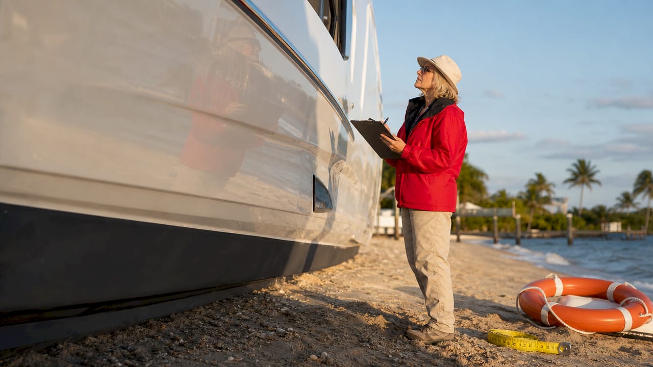 Marine surveyor inspecting yacht hull