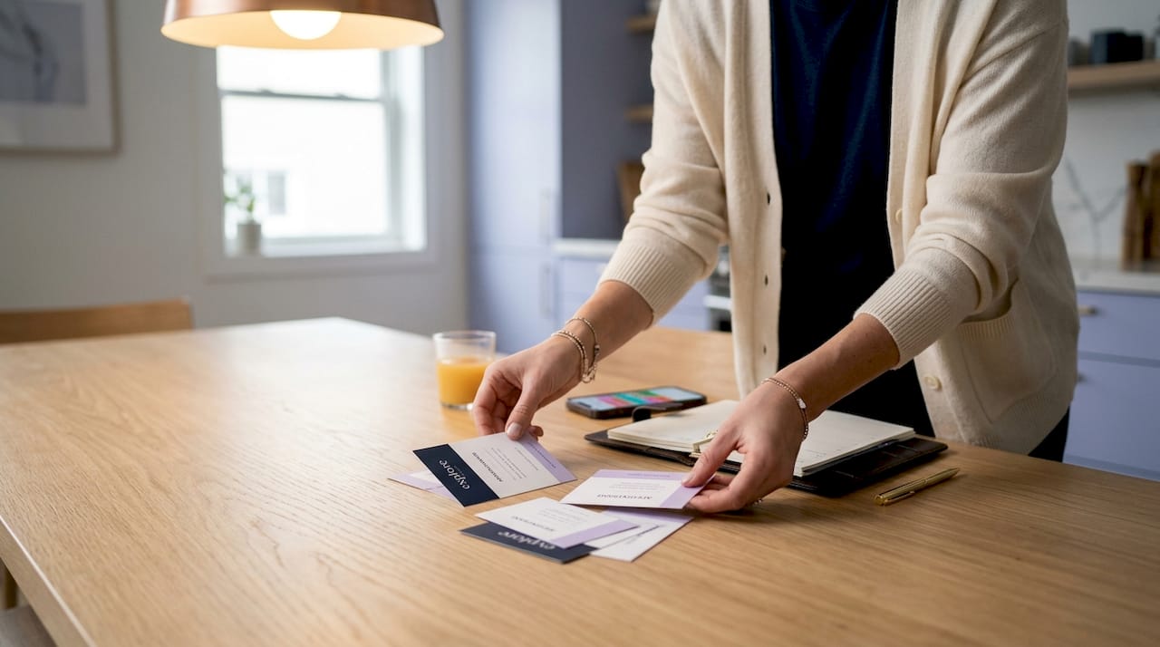 Hands organizing client appointment materials
