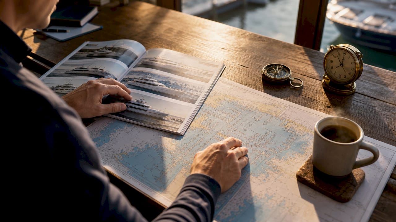 Overhead view of yacht market data and map on desk