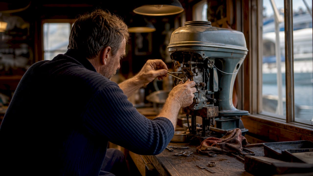 Hands repairing vintage outboard motor closely