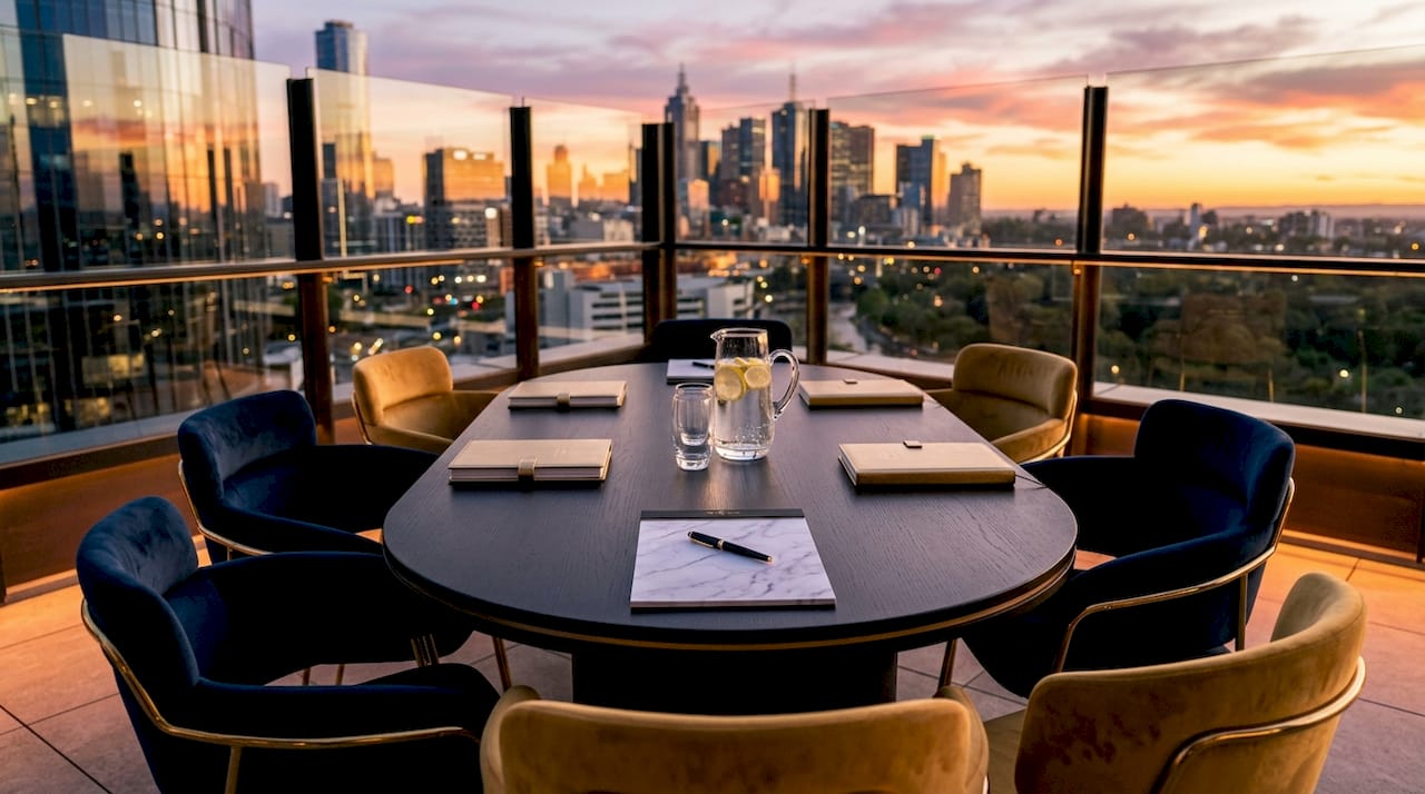 Luxurious boardroom table with sales strategy materials