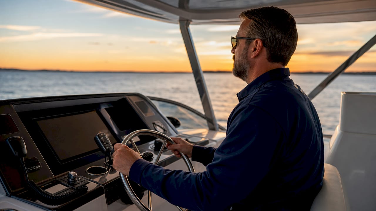 Flybridge helm with panoramic ocean view