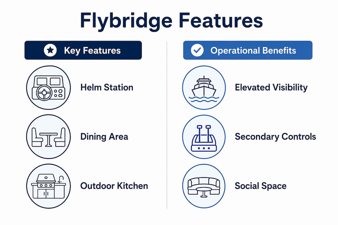 Infographic contrasting yacht flybridge features and operational benefits