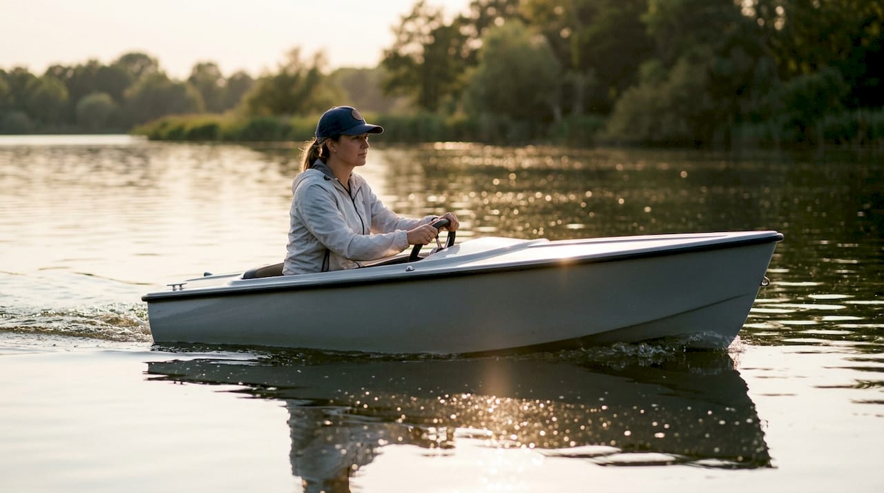 Tender operator steering yacht on calm water