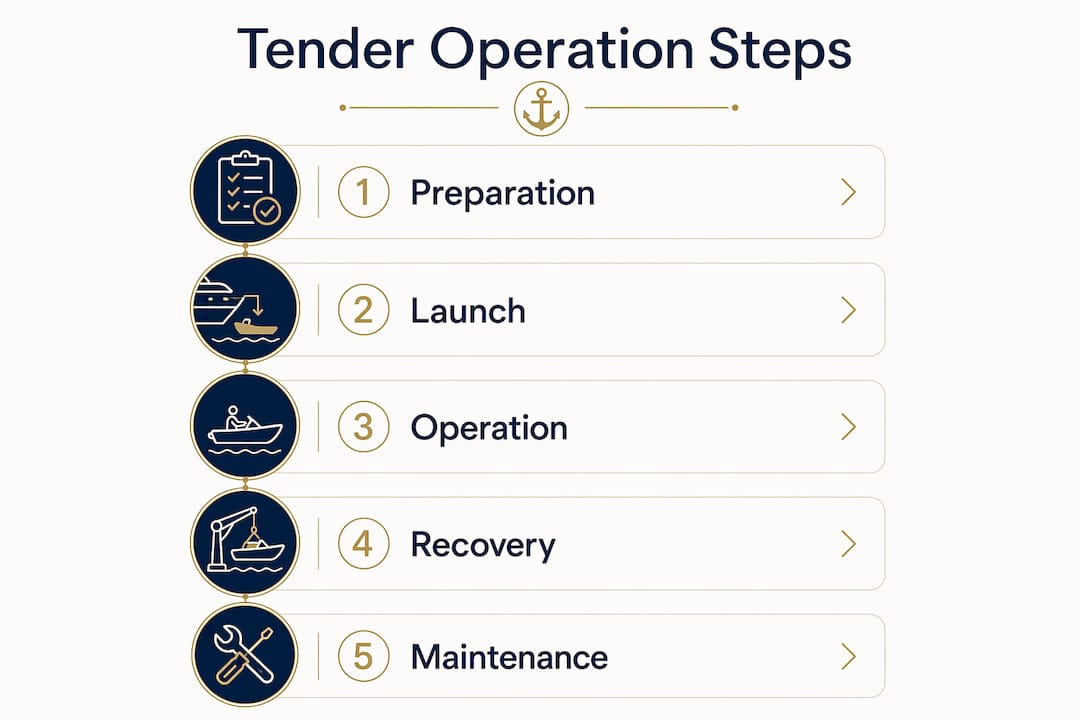 Infographic illustrating yacht tender operation steps