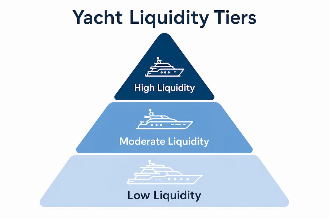 Pyramid infographic showing yacht liquidity levels by size