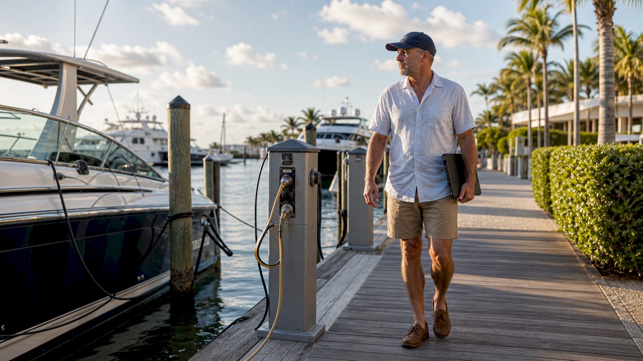 Boater inspecting marina utilities and hookups