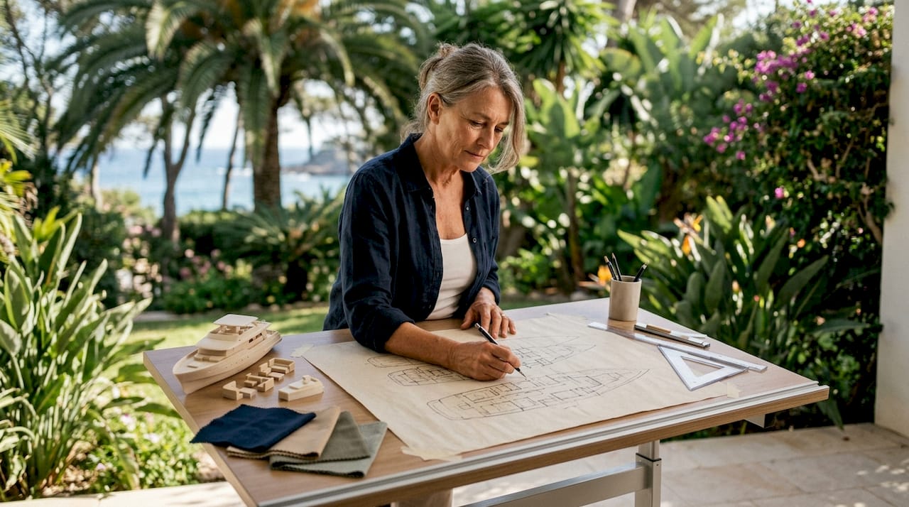 Yacht architect sketching spatial designs indoors