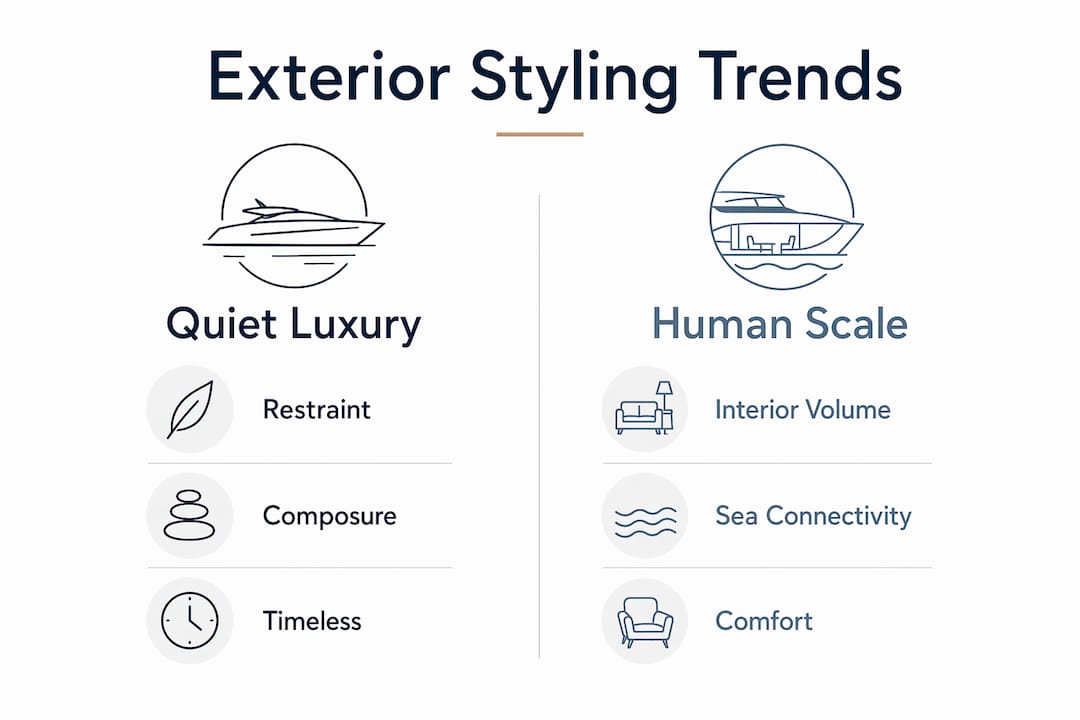Infographic comparing quiet luxury and human scale in yacht styling