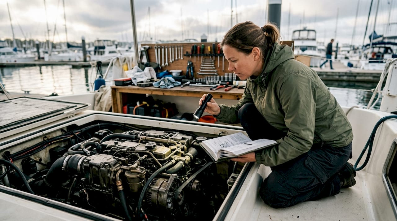 Woman inspecting yacht engine bay carefully