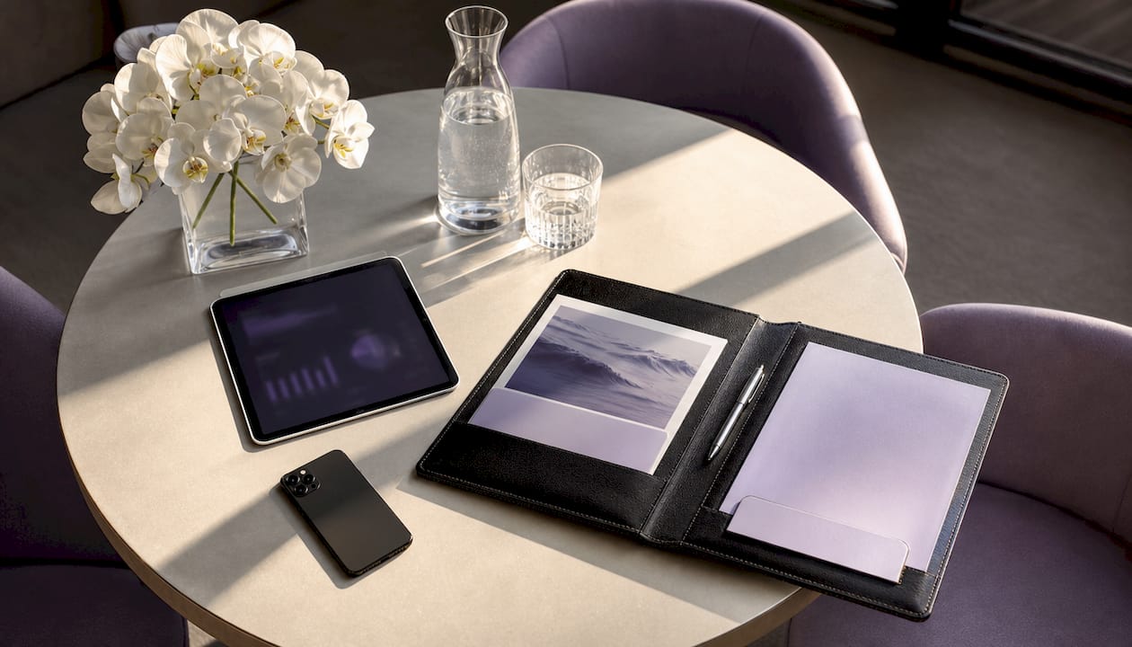 Close-up of sales content tools on conference table