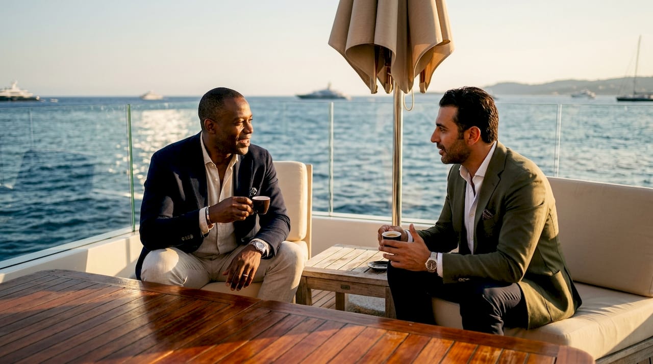Executives networking on yacht deck in daylight