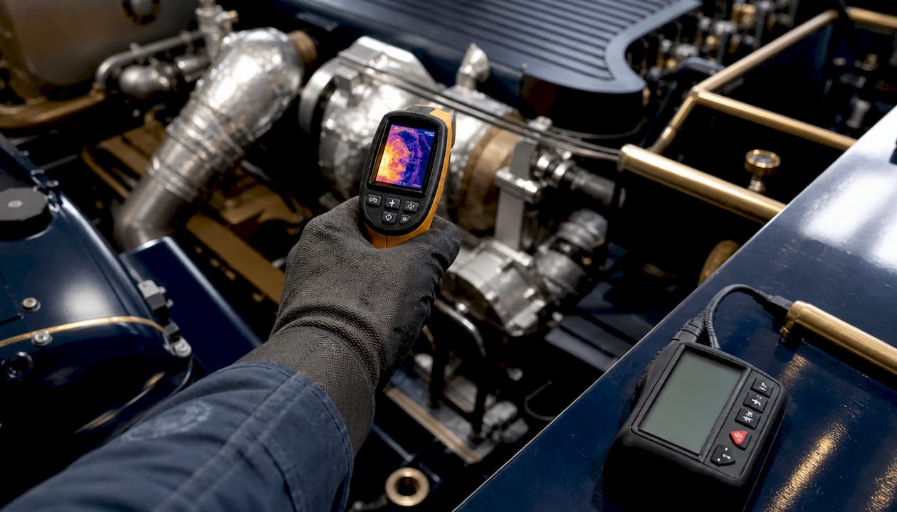 Close-up of infrared temperature measurement on yacht engine