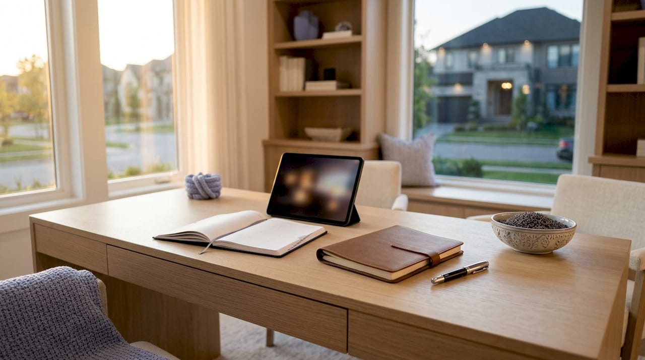 Close-up of luxury workspace with CRM tools and planner