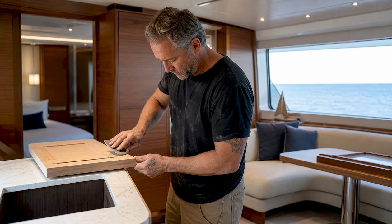 Close-up hands adjusting yacht cabinet door