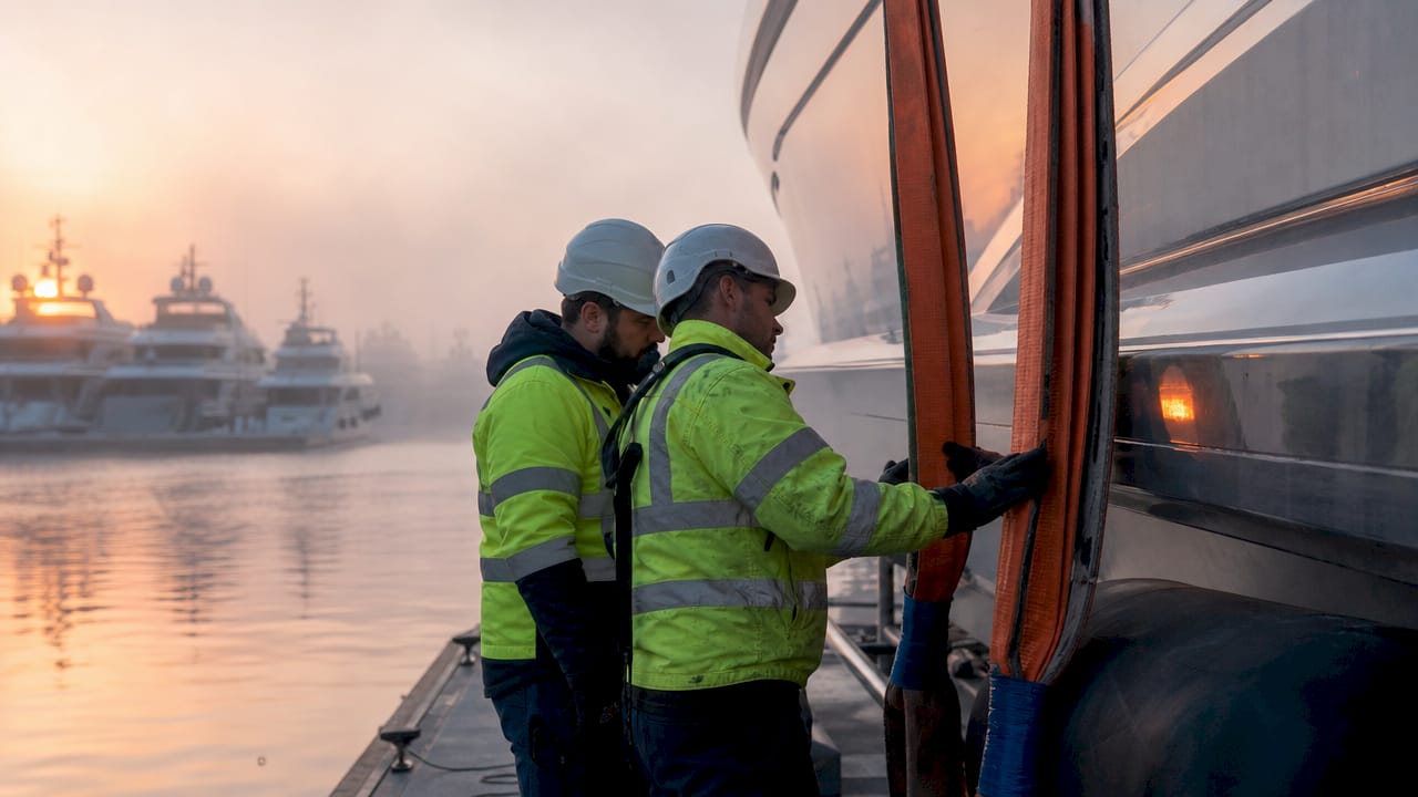 Dock workers inspecting yacht lifting slings at port