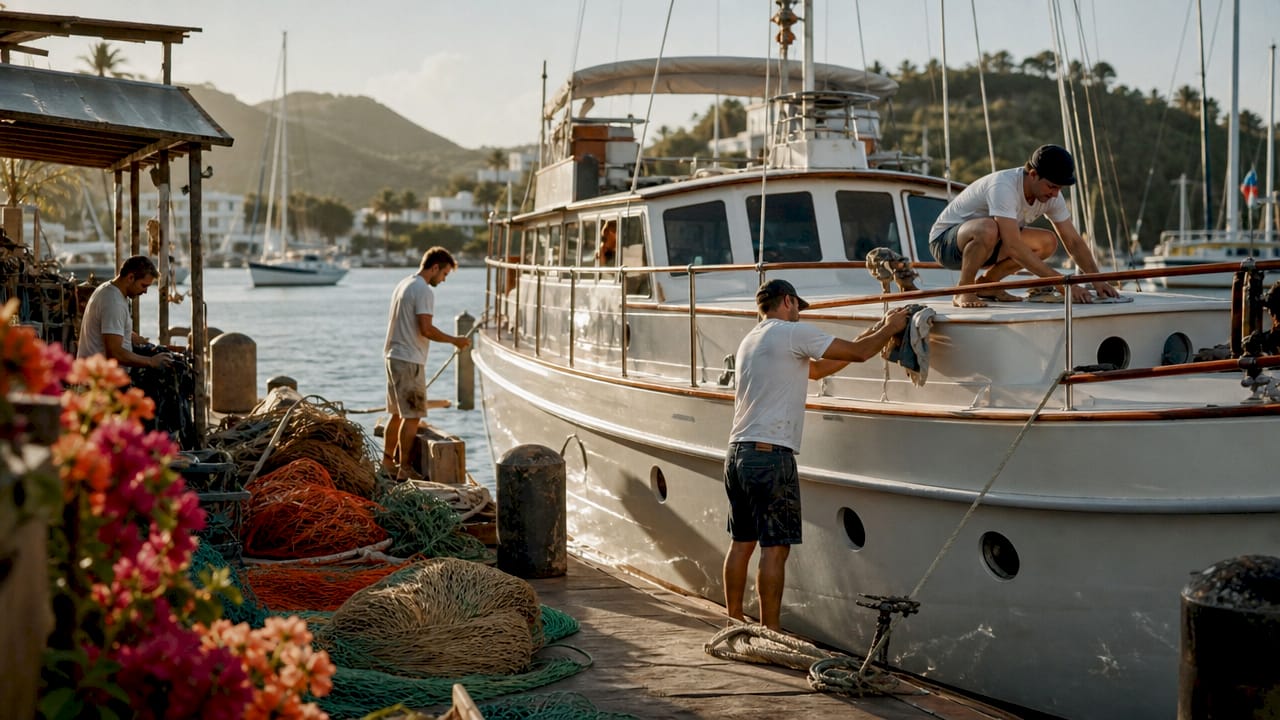 Post-WWII workers maintaining yachts in Antigua harbor