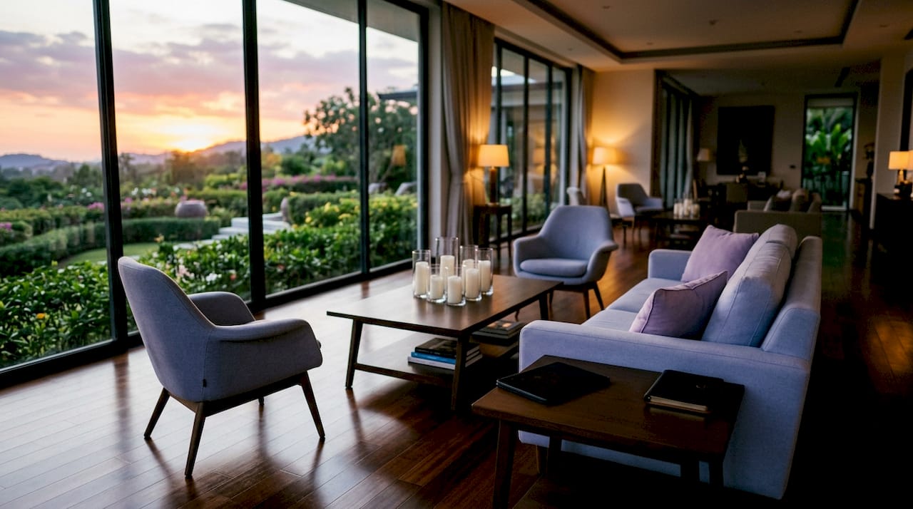 Luxury villa terrace with tablet showing virtual tour off