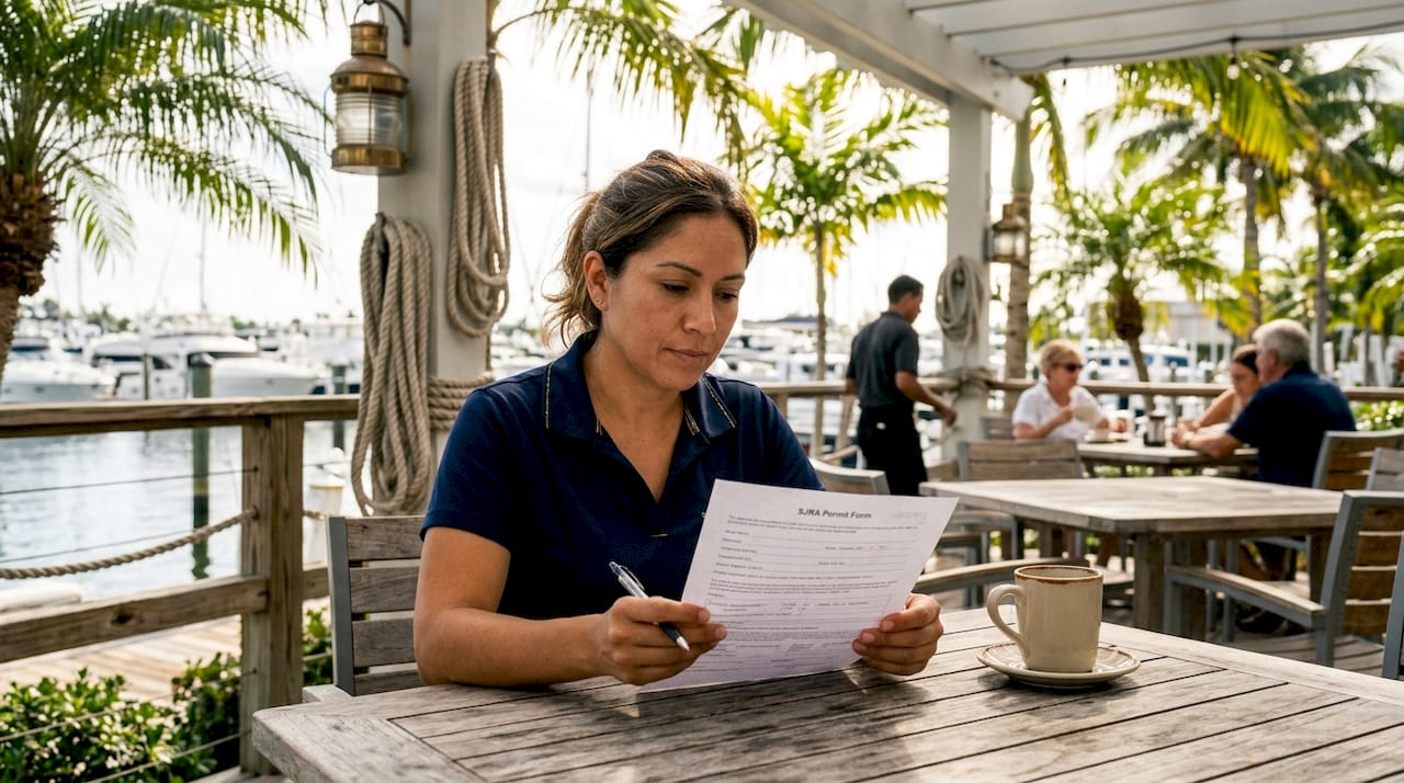 Marine service provider reviewing SJRA permit paperwork