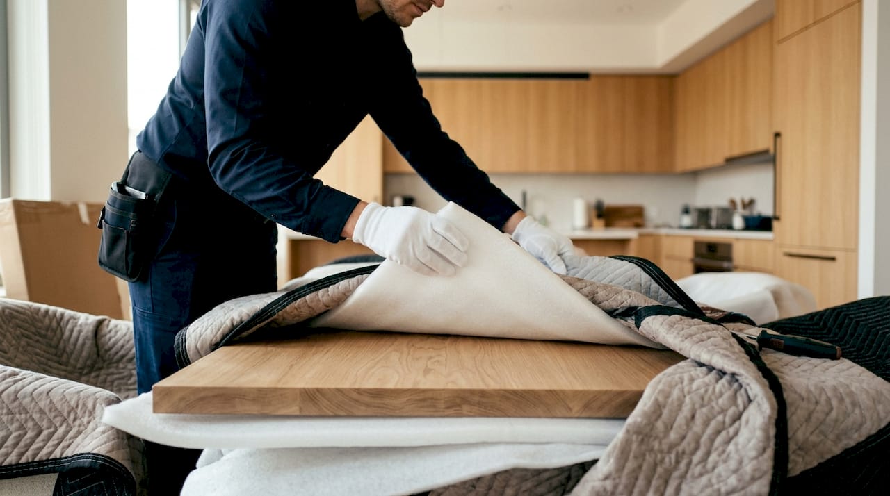 Close-up of hands removing packaging from luxury furniture