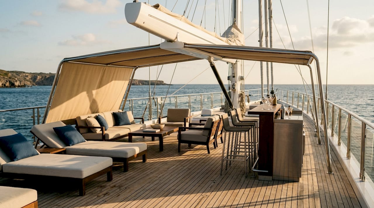 Modern yacht sundeck layout with furniture and features