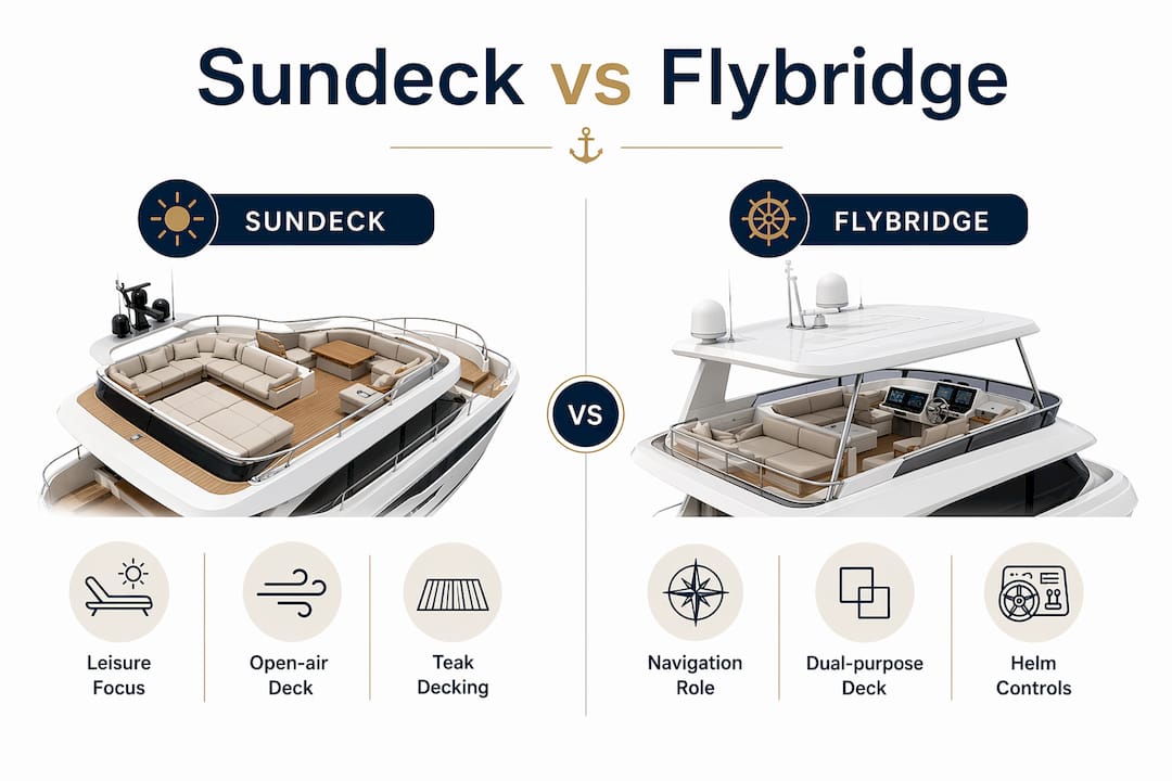 Comparison infographic of sundeck and flybridge features
